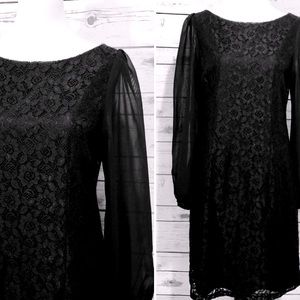 NWT Eliza J. Black Lace Shift Dress Sheer Chiffon Sleeves